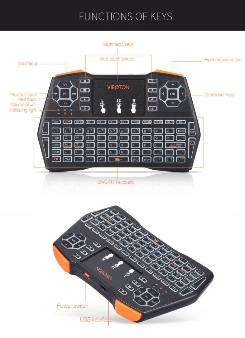 VIBOTON i8 Plus 2.4G Wireless Keyboard Fly Air Mouse Touchpad Backlight Version
