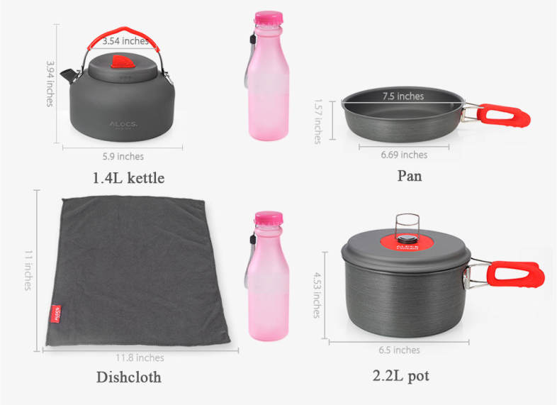 ALOCS CW - C19T Alumina Portable Ultralight 2 - 3 People Cooking Kit Cookware Set Pot Pan Kettle Dishcloth for Camping Picnic Hiking