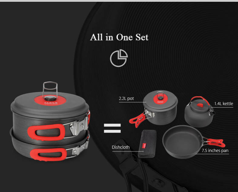 ALOCS CW - C19T Alumina Portable Ultralight 2 - 3 People Cooking Kit Cookware Set Pot Pan Kettle Dishcloth for Camping Picnic Hiking