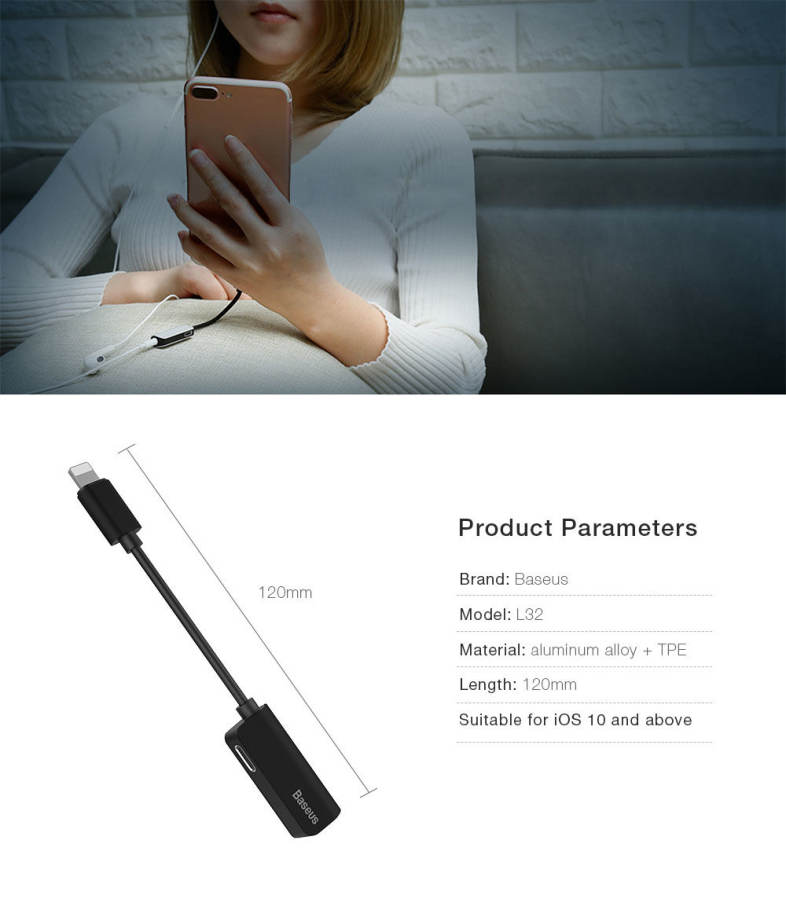 Baseus L32 8 Pin to 3.5mm Audio Adapter Headphone Charging Sync Data for iPhone 7 / 7 Plus