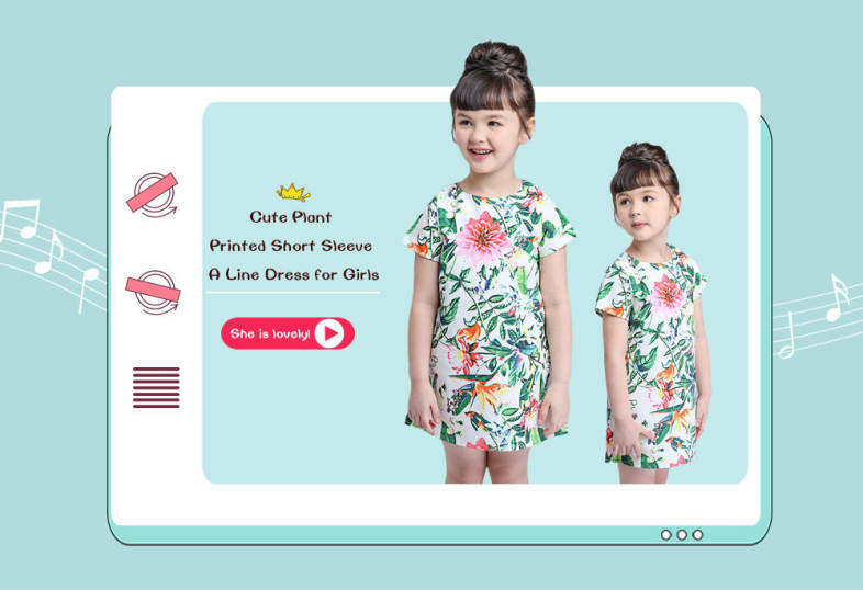 kimocat Cute Plant Printed Round Neck Short Sleeve A Line Dress for Girls
