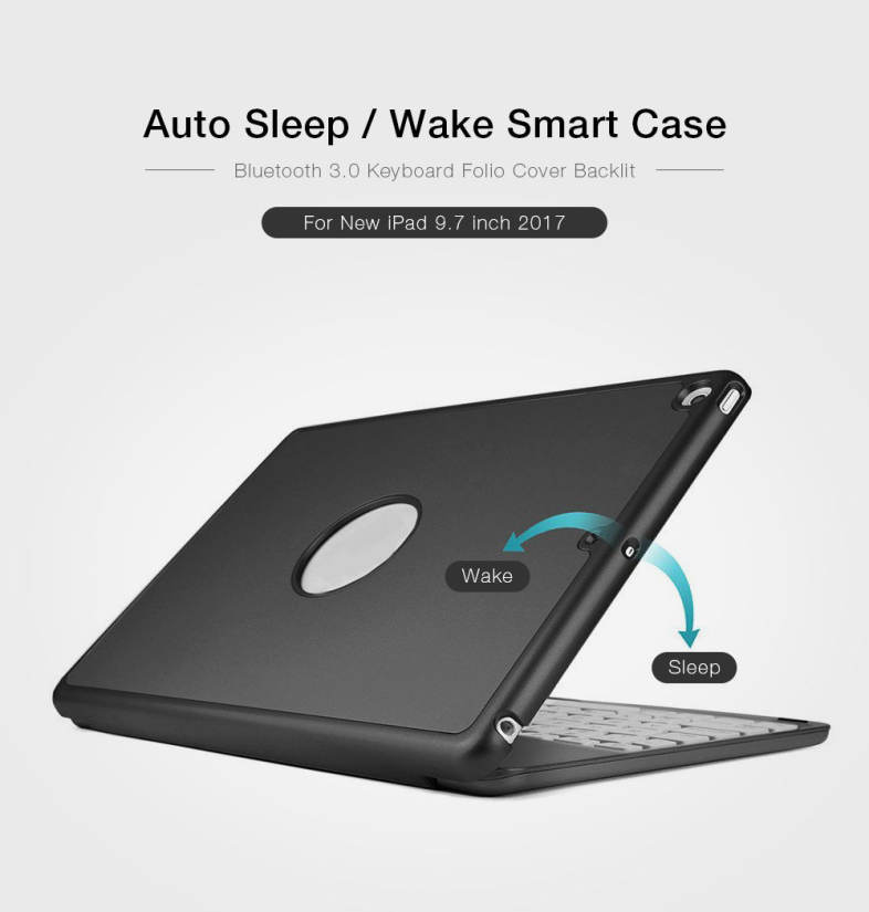 Wireless Bluetooth 3.0 Keyboard Folio Smart Case Cover Auto Sleep with Backlit for New iPad 9.7 inch 2017 ( A1822 / A1823 )