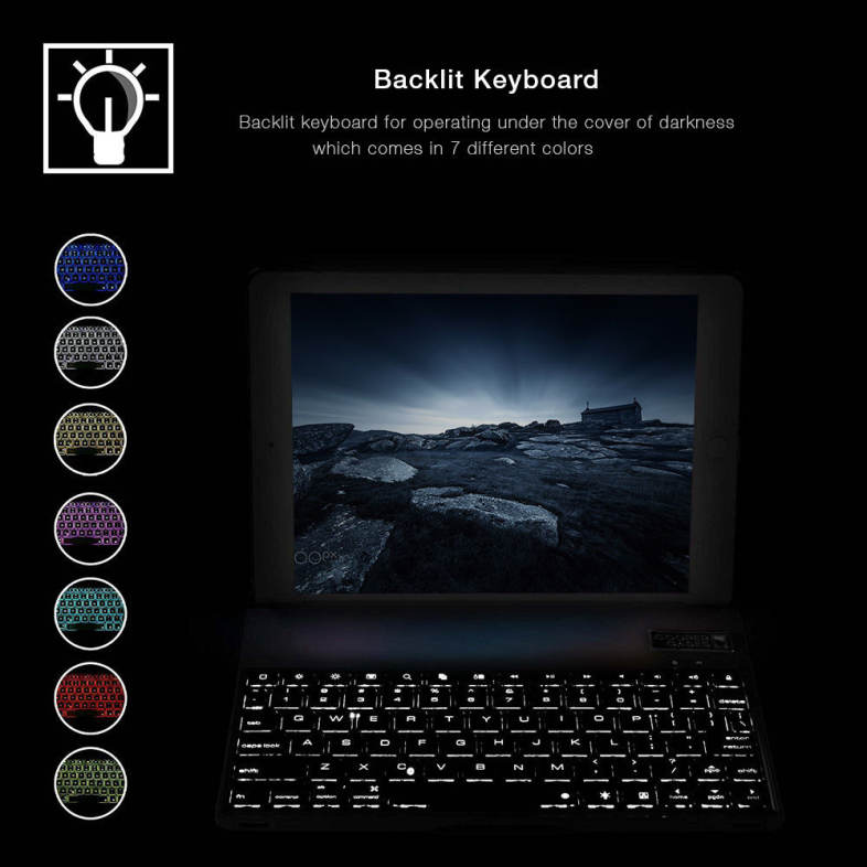 Wireless Bluetooth 3.0 Keyboard Folio Smart Case Cover Auto Sleep with Backlit for New iPad 9.7 inch 2017 ( A1822 / A1823 )