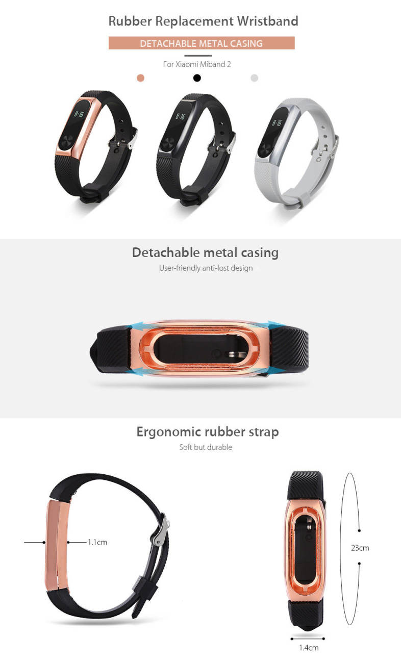 14mm Rubber Strap Metal Case for Xiaomi Miband 2 Smart Wristband