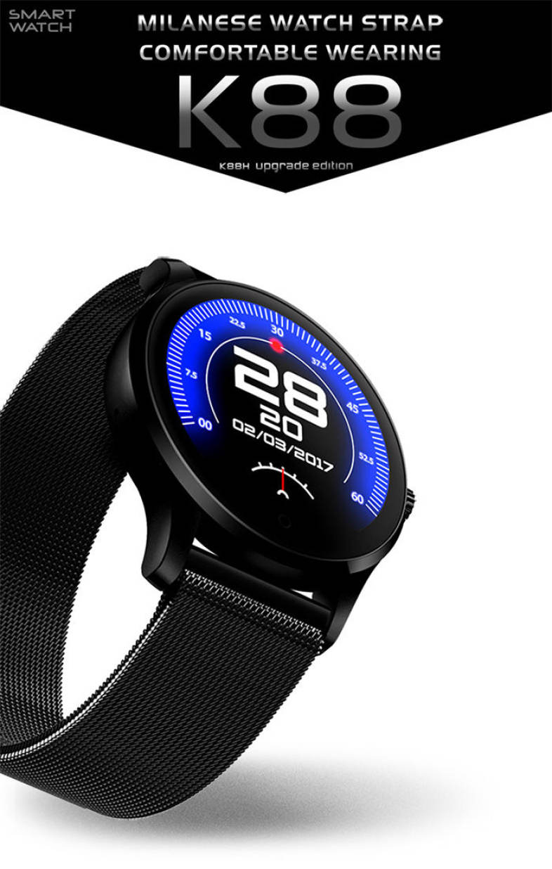 K88 Smartwatch Bluetooth 4.0 IP65 Waterproof Sedentary Reminder Sleep / Heart Rate Monitor Pedometer Remote Camera Anti-lost Find Phone