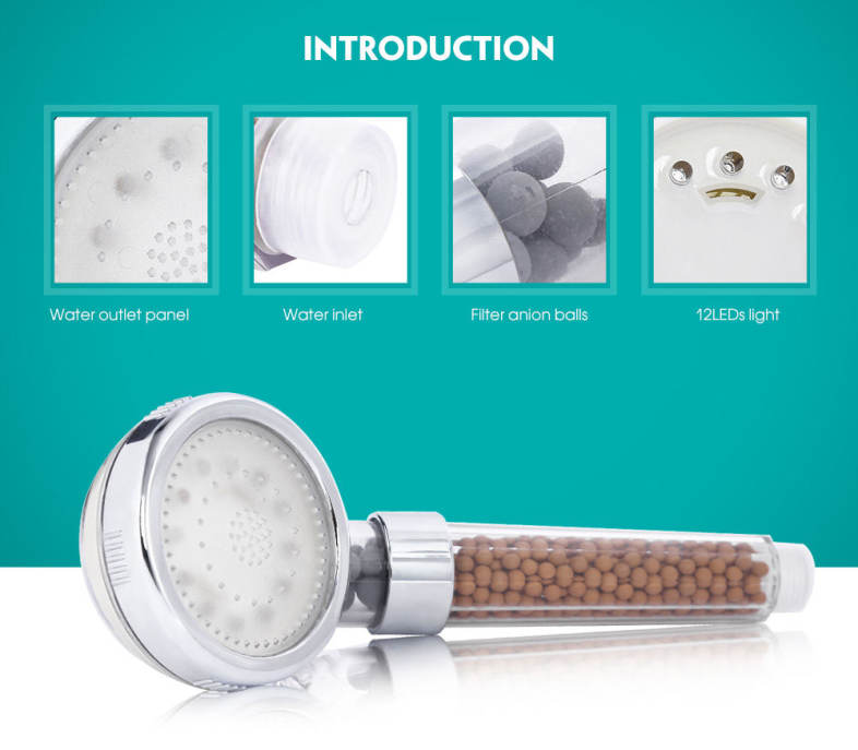 GINETARR 3 Colors LED Changing Shower Head Temperature Sensing Hand-held Shower Nozzle