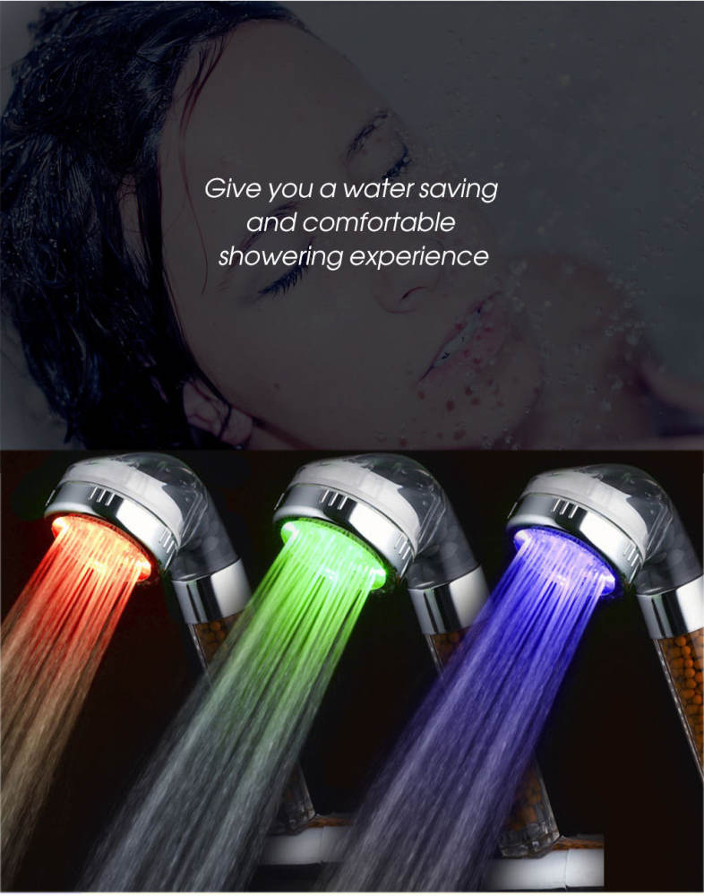 GINETARR 3 Colors LED Changing Shower Head Temperature Sensing Hand-held Shower Nozzle