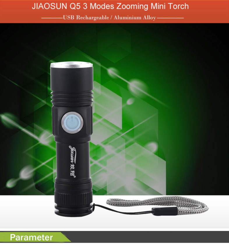JIAOSUN USB Rechargeable Aluminium Alloy Q5 3 Modes Zooming Mini Torch