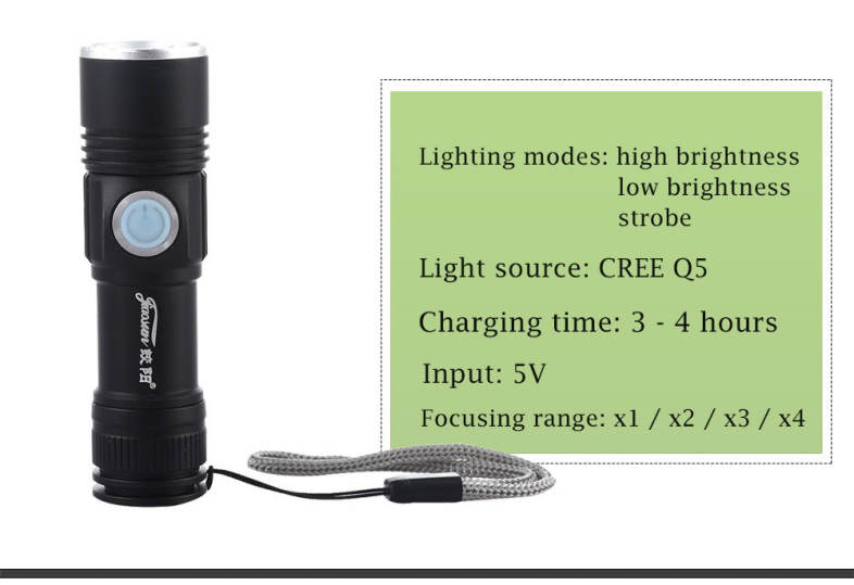 JIAOSUN USB Rechargeable Aluminium Alloy Q5 3 Modes Zooming Mini Torch