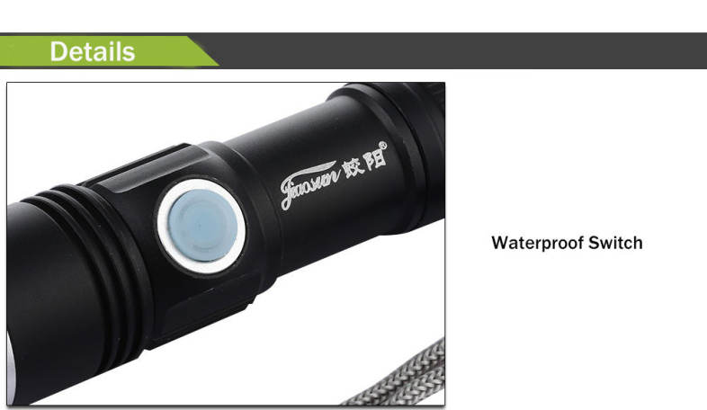 JIAOSUN USB Rechargeable Aluminium Alloy Q5 3 Modes Zooming Mini Torch
