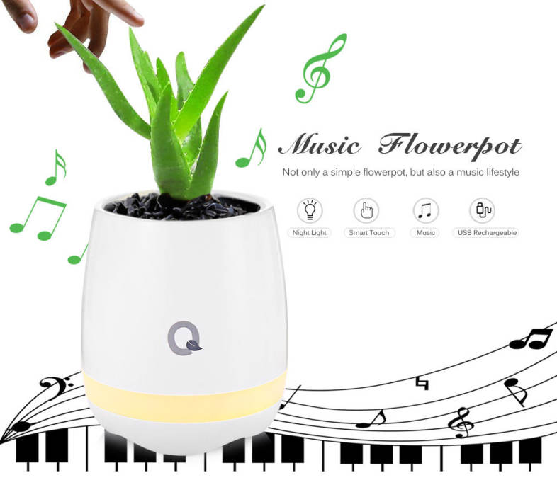 Qplant Smart Touch Music Flowerpot Rechargeable Wireless for Bedroom Office Living Room