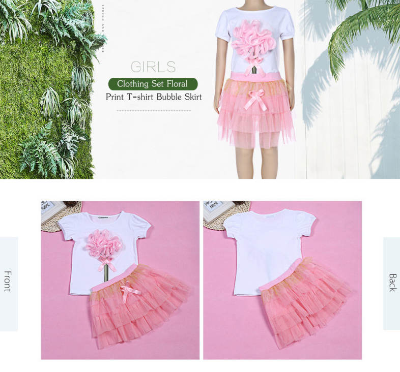 keaiyouhuo Girls Clothing Set Floral Print T-shirt Mesh Layered Bubble Skirt with Bowknot