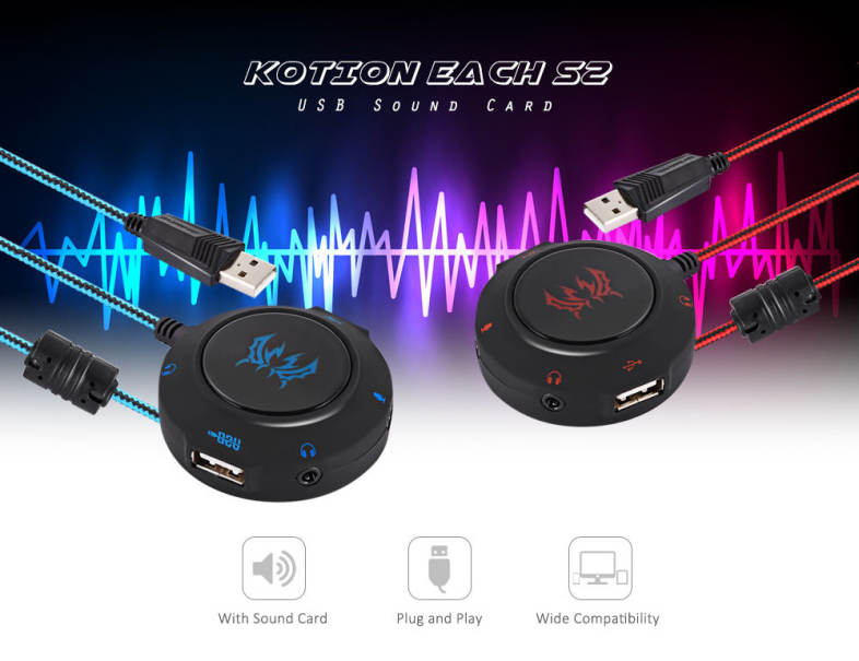 KOTION EACH S2 External USB Sound Card Plug and Play Stereo Headset Adapter for PC Laptops PS4