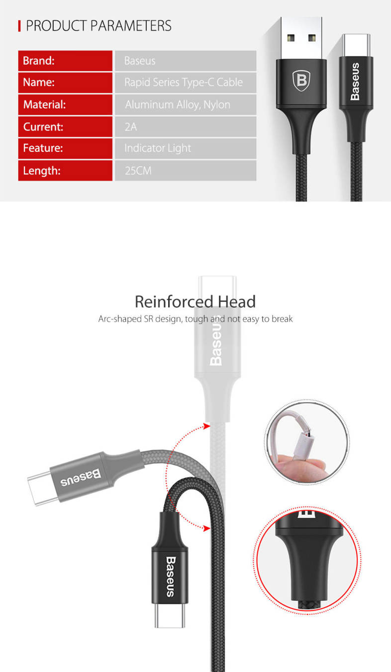 Baseus Rapid Series Type-C Cable 2A Fast Charging Data Transmission Cord with Indicator Light 25CM