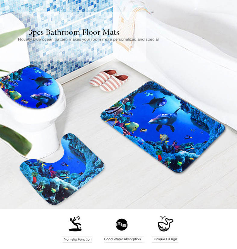 3pcs Blue Anti-skid Ocean Style Pedestal Rug   Toilet Cover   Bath Mat