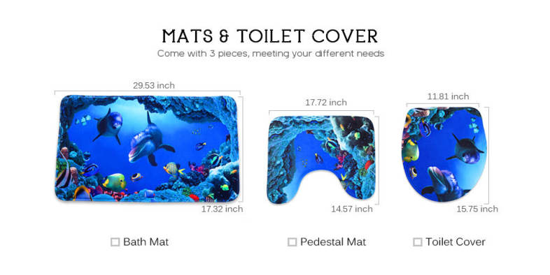 3pcs Blue Anti-skid Ocean Style Pedestal Rug   Toilet Cover   Bath Mat