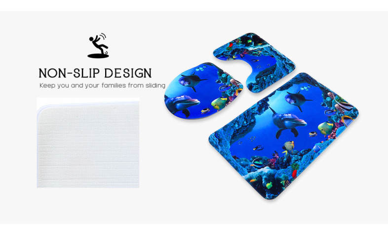3pcs Blue Anti-skid Ocean Style Pedestal Rug   Toilet Cover   Bath Mat