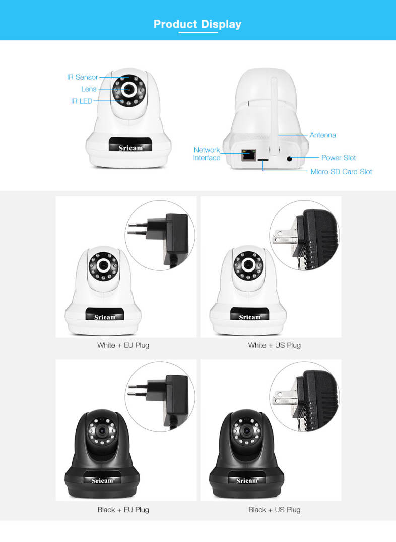 Sricam SP018 HD 1080P Wireless WiFi IP Indoor Security Camera Night Vision / P2P / Motion Detection / Pan and Tilt