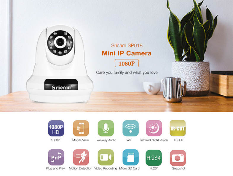 Sricam SP018 HD 1080P Wireless WiFi IP Indoor Security Camera Night Vision / P2P / Motion Detection / Pan and Tilt