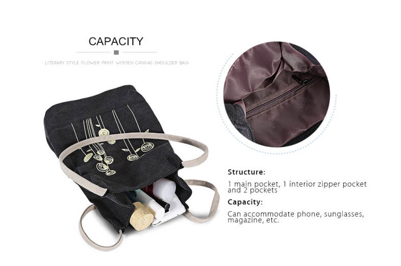 Guapabien Flower Print Canvas Handbag Shoulder Bag