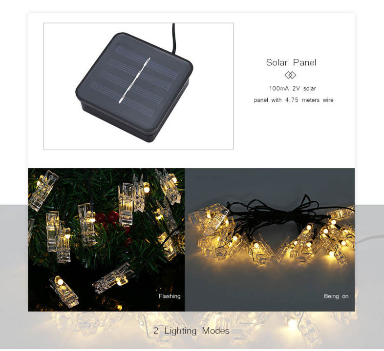 Solar Powered Waterproof Clip Shape String Lamp Home Yard Party Christmas Decoration