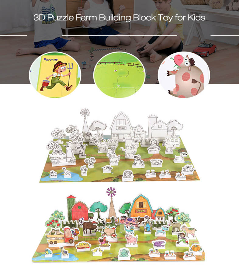 3D Drawing Puzzle Farm Building Blocks Toy