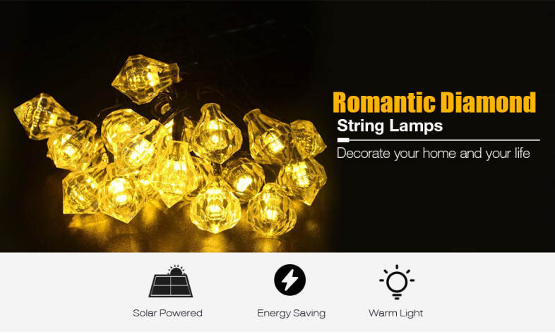 Solar Powered Waterproof 20 LEDs Romantic Diamond String Lamp Home Yard Christmas Decoration