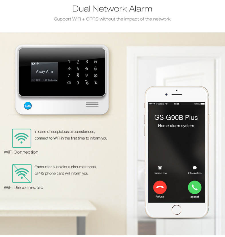 GS - G90B Plus GSM WiFi / GPRS / SMS 2.5 inch LED Touch Keypad Alarm System Home Security