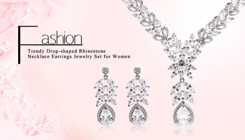 Trendy Drop-shaped Rhinestone Necklace Earrings Women Jewelry Set
