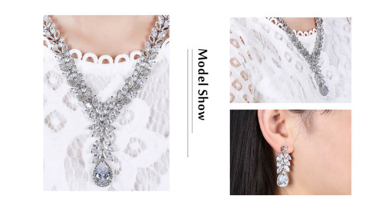 Trendy Drop-shaped Rhinestone Necklace Earrings Women Jewelry Set