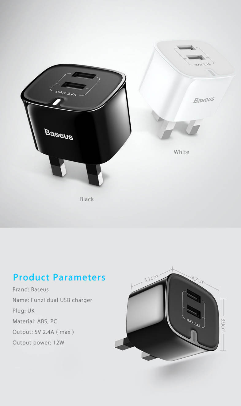 Baseus Funzi Dual USB Intelligent Wall Travel Charger Adapter 2.4A Fast Charging UK Plug