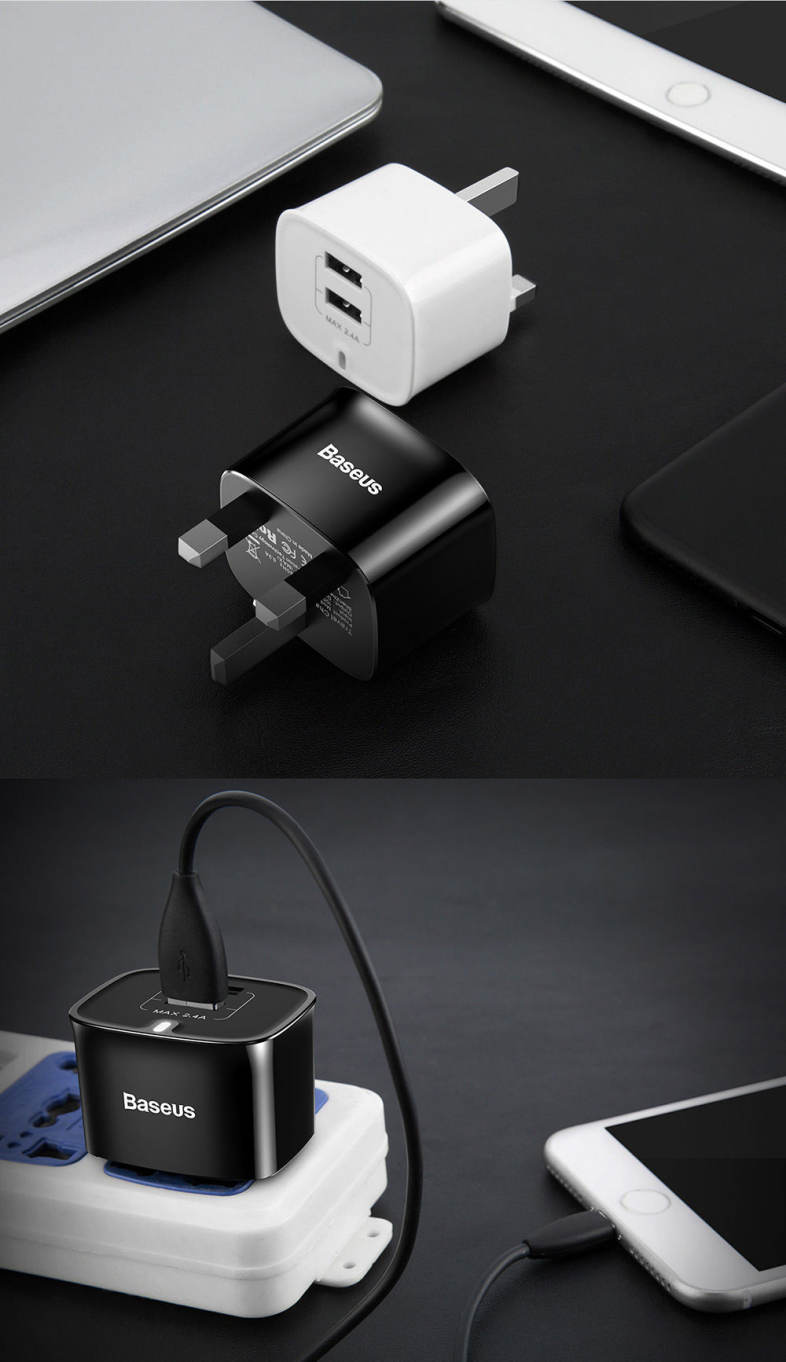 Baseus Funzi Dual USB Intelligent Wall Travel Charger Adapter 2.4A Fast Charging UK Plug
