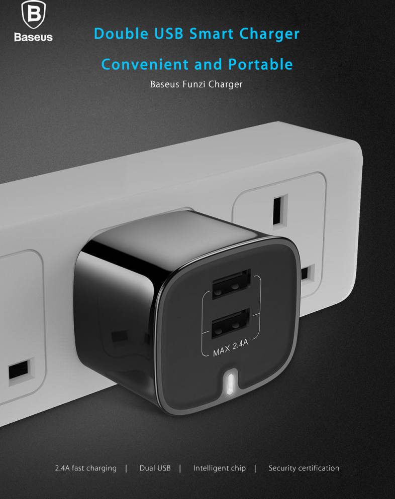 Baseus Funzi Dual USB Intelligent Wall Travel Charger Adapter 2.4A Fast Charging UK Plug