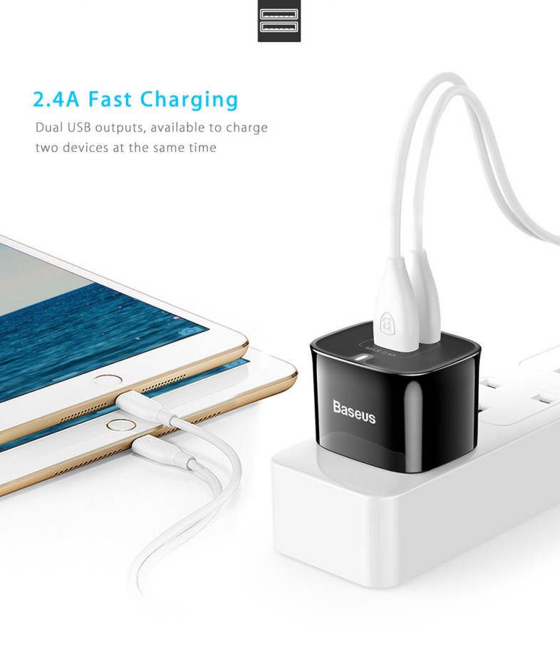 Baseus Funzi Dual USB Intelligent Wall Travel Charger Adapter 2.4A Fast Charging UK Plug