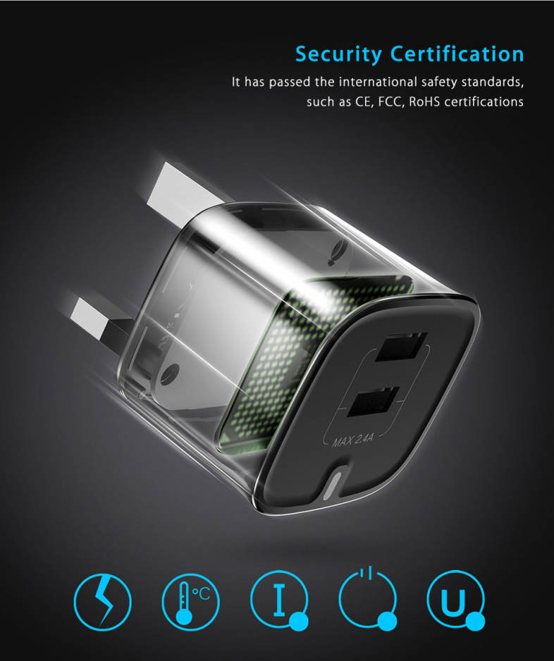 Baseus Funzi Dual USB Intelligent Wall Travel Charger Adapter 2.4A Fast Charging UK Plug