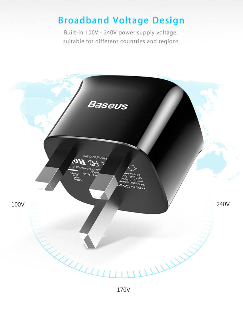 Baseus Funzi Dual USB Intelligent Wall Travel Charger Adapter 2.4A Fast Charging UK Plug