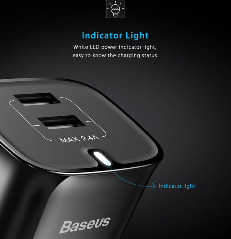 Baseus Funzi Dual USB Intelligent Wall Travel Charger Adapter 2.4A Fast Charging UK Plug