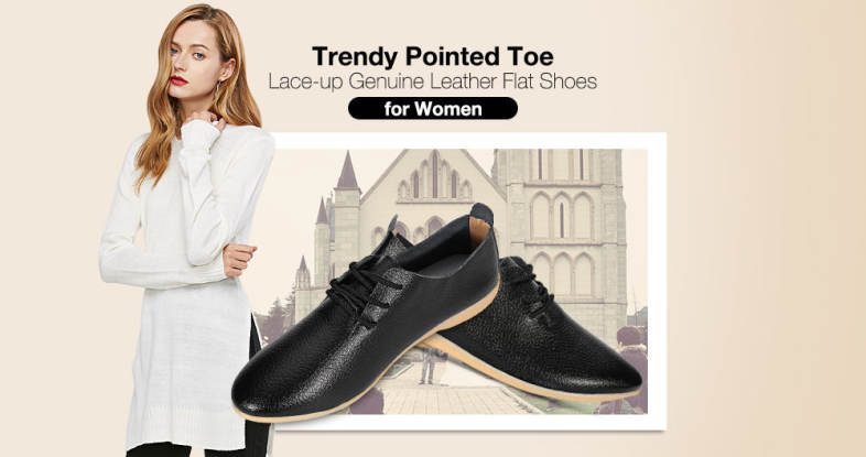 Trendy Pointed Toe Lace-up Genuine Leather Women Flat Shoes