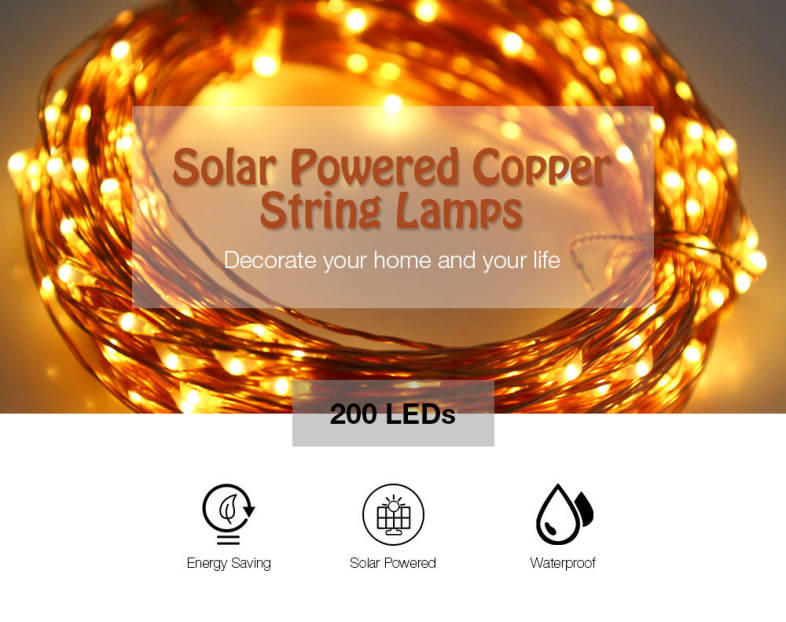 Solar Powered Waterproof 200 LEDs Copper String Lamp Home Yard Christmas Decoration