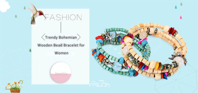 Trendy Bohemian Wooden Bead Metal Decoration Women Wrap Bracelet