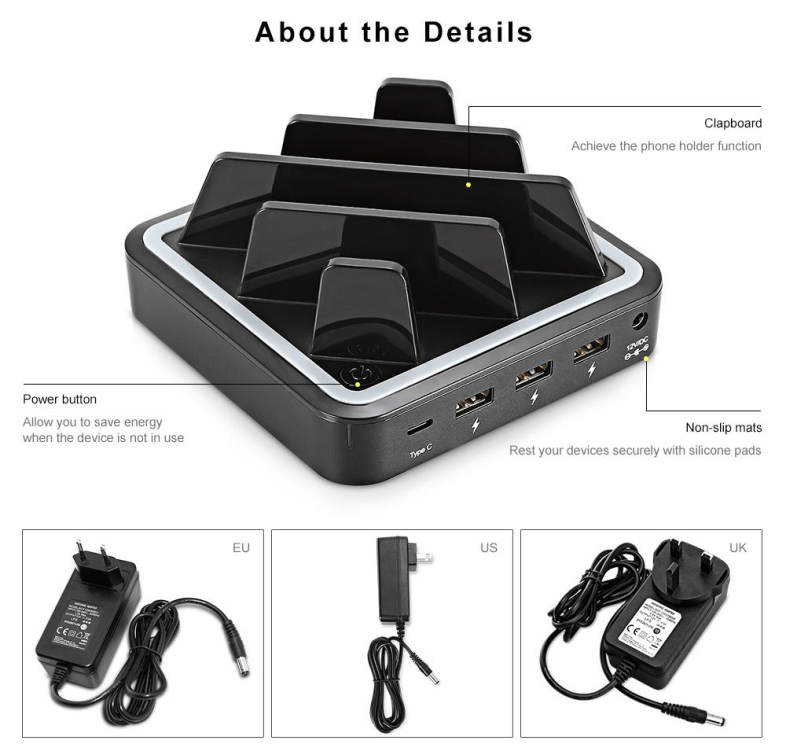Hawk S400 Multifunctional 36W Power 3-port USB   Type-C Charging Station for Multiple Mobile Devices