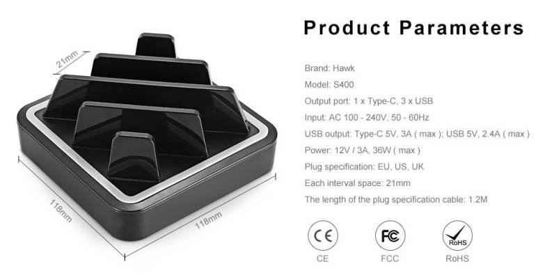 Hawk S400 Multifunctional 36W Power 3-port USB   Type-C Charging Station for Multiple Mobile Devices
