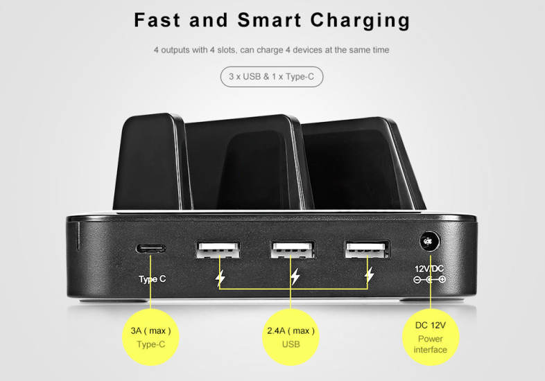 Hawk S400 Multifunctional 36W Power 3-port USB   Type-C Charging Station for Multiple Mobile Devices