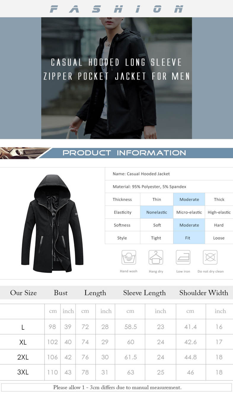 Casual Hooded Long Sleeve Zipper Pocket Men Jacket