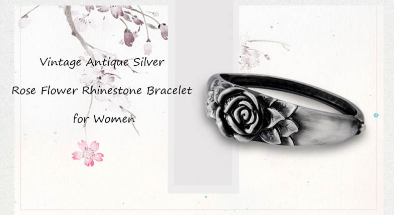 Vintage Antique Silver Rose Flower Rhinestone Women Bracelet