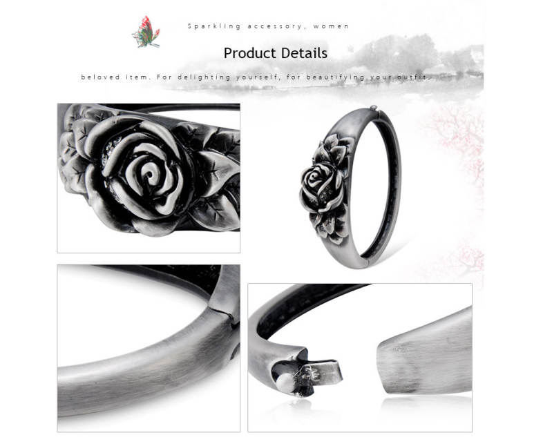 Vintage Antique Silver Rose Flower Rhinestone Women Bracelet