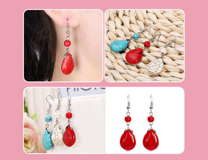 Bohemian Style Women Turquoise Bead Pendant Hook Drop Earrings