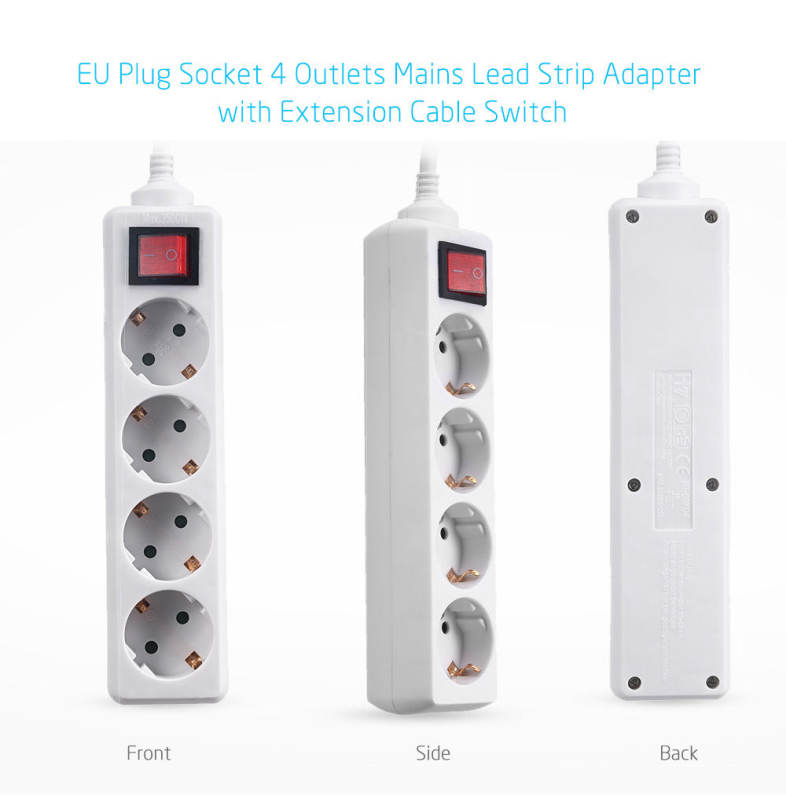 EU Plug Socket 4 Outlets Mains Lead Strip Adapter with Extension Cable Switch