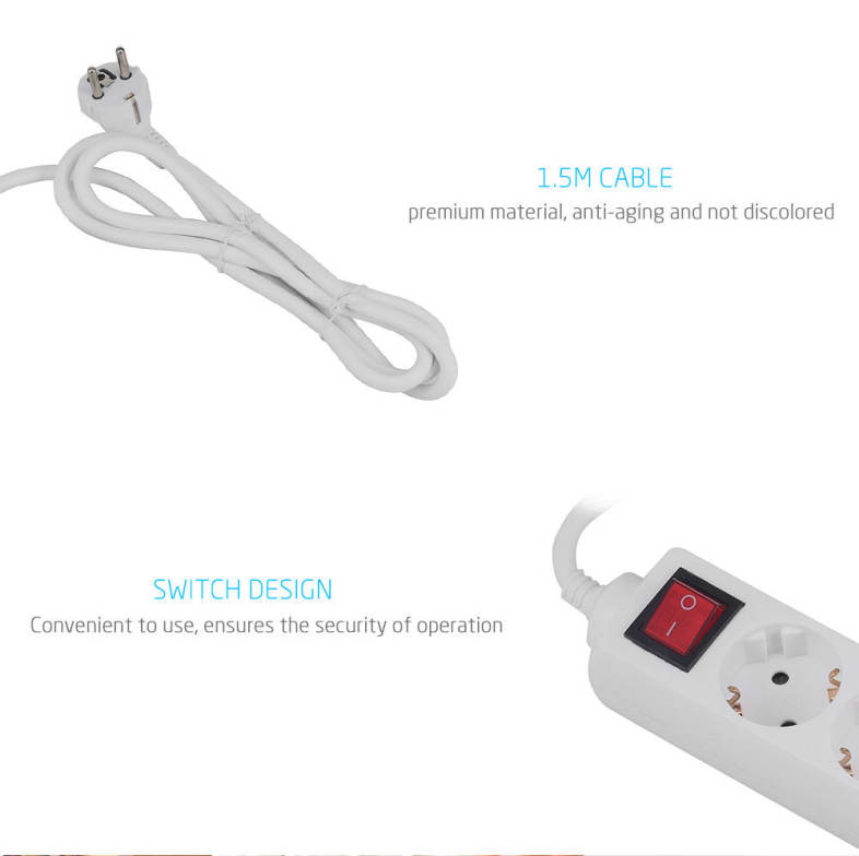 EU Plug Socket 4 Outlets Mains Lead Strip Adapter with Extension Cable Switch
