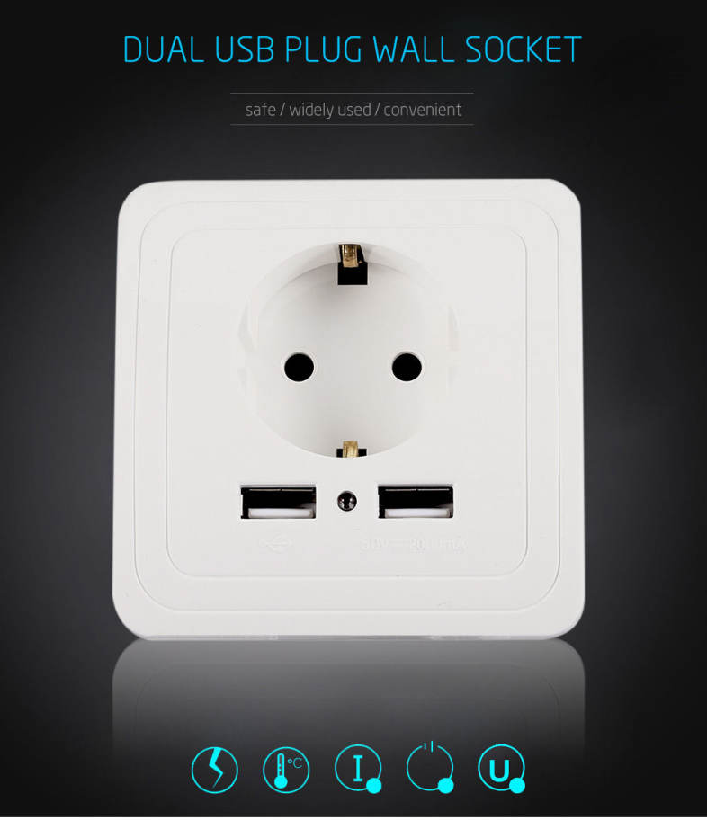 Dual USB German Standard Wall Socket Plug Switch Power Outlet